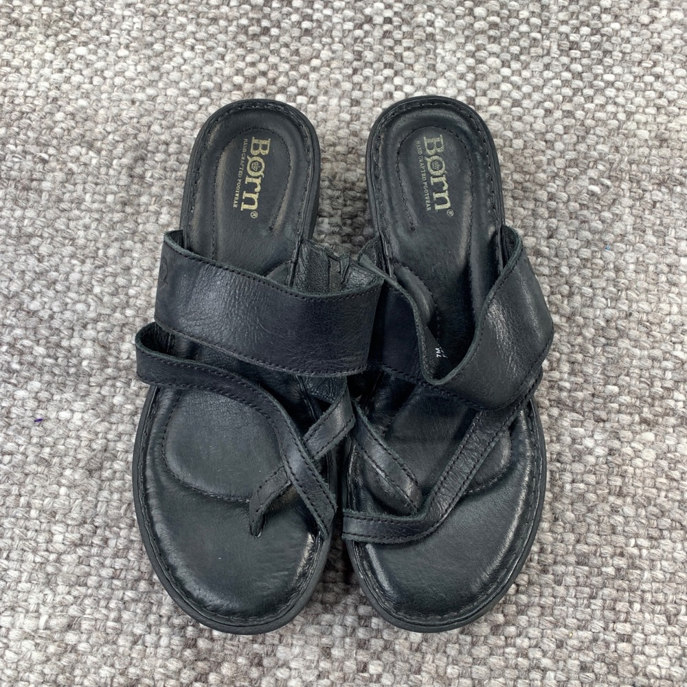 Born F44103 Black Leather Strappy Loop Toe Slide Wedge Sandals Women Size 7 M